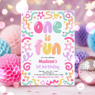 One Is Fun Colourful Confetti Balloon 1st Birthday Invitation