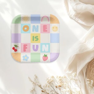 One is Fun Colourful Gingham Girl 1st Birthday Paper Plate