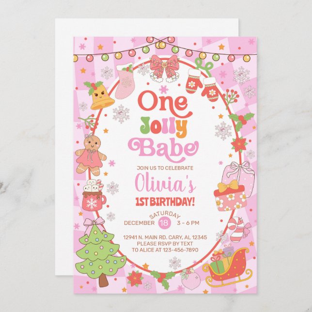 ONE jolly babe Christmas girl 1st birthday invite. Invitation (Front/Back)