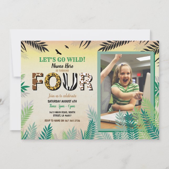 One Jungle 4th Birthday Party 4 Safari ZOO Photo Invitation (Front)