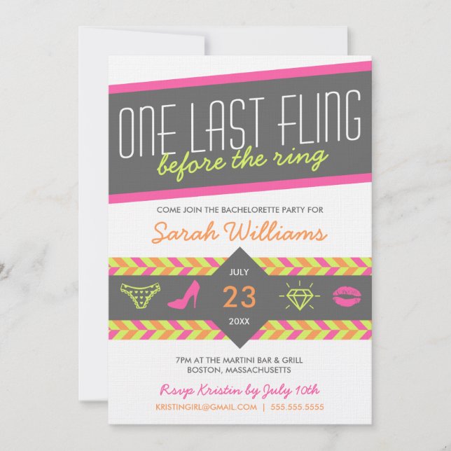 One Last Fling Bachelorette Party Invitation (Front)
