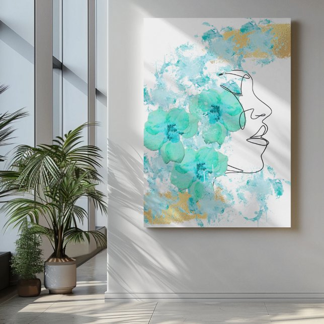 One line face art with Blue flowers stains andgold Canvas Print (Creator Uploaded)