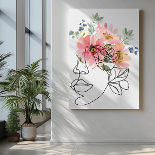 One line face art with pink botaical flower eye canvas print