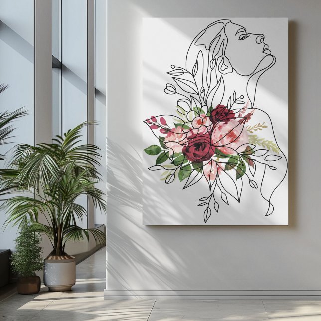One line girl art with flowers in pink maroon  canvas print (Creator Uploaded)
