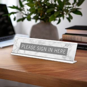 One Line of Text - Grey White Marble Desk Name Plate