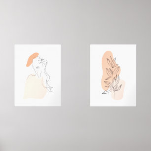one line woman and leaf wall art set