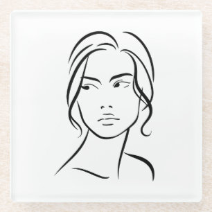 One Line Woman Face Drawing 4 Glass Coaster