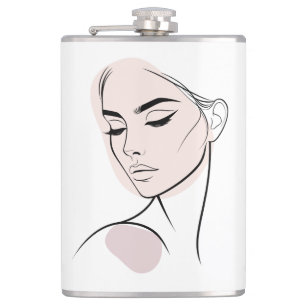 One Line Woman Face Drawing No3 (With Colour) Hip Flask