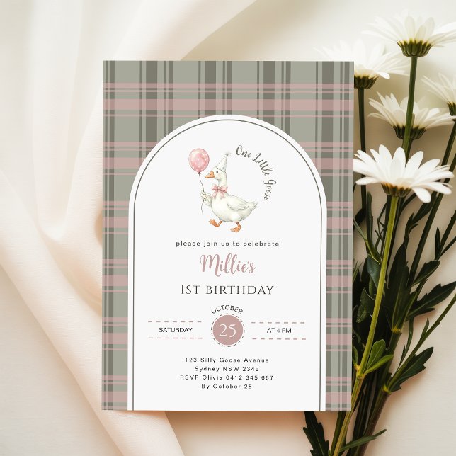 One Little Goose Pink Bow Gingham 1st Birthday Invitation (Creator Uploaded)