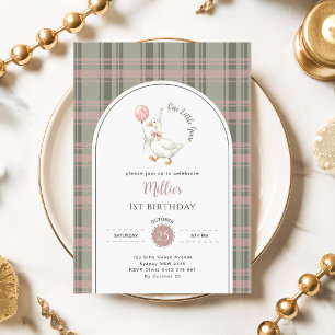 One Little Goose Pink Bow Gingham 1st Birthday Invitation