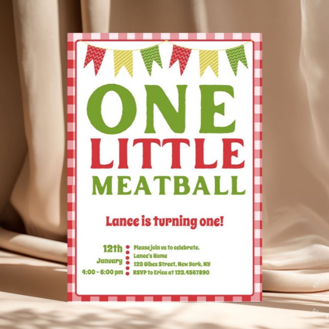 One Little Meatball First Birthday Invitation (One Little Meatball First Birthday Invitation | Italian Theme Birthday Party | Red & Green Pasta Par)