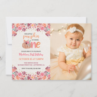 One Little Pumpkin Boho Floral 1st Birthday Photo Invitation