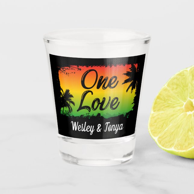 One Love Caribbean Beach Wedding Shot Glass (Front)