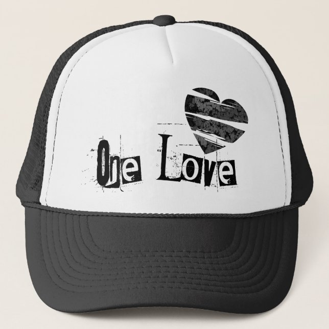 One Love Heart Black Trucker Hat (Front)