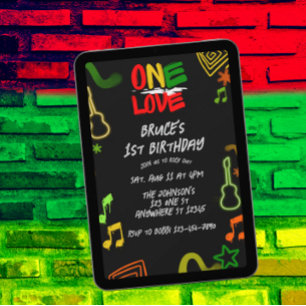 One Love Music Black Red Gold Green 1st Birthday Invitation