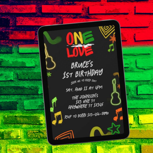 One Love Music Black Red Gold Green 1st Birthday Invitation (Creator Uploaded)