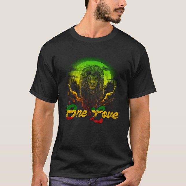 One Love Rasta Reggae Lion Of Judah Jamaican Roots T-Shirt (Front)