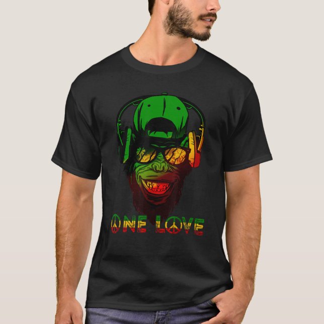 One Love Rasta Reggae Monkey Hippie Rastafarian Go T-Shirt (Front)