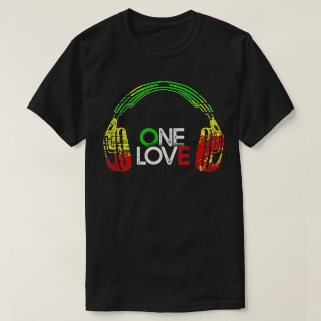One Love  Rastafarian Headphones  Reggae  Jamaican T-Shirt (Design Front)