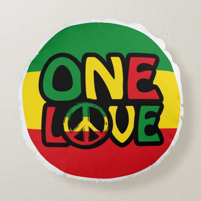 One Love, Reggae design with reggae colours Round Cushion (Front)