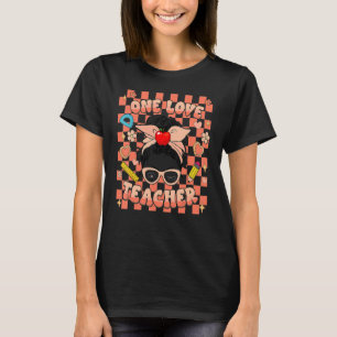 One Love Teacher Groovy Valentine Chequered Retro T-Shirt