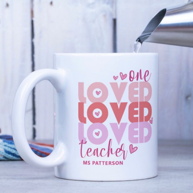 One Love Teacher Pink Modern Personalised Name Coffee Mug (Creator Uploaded)