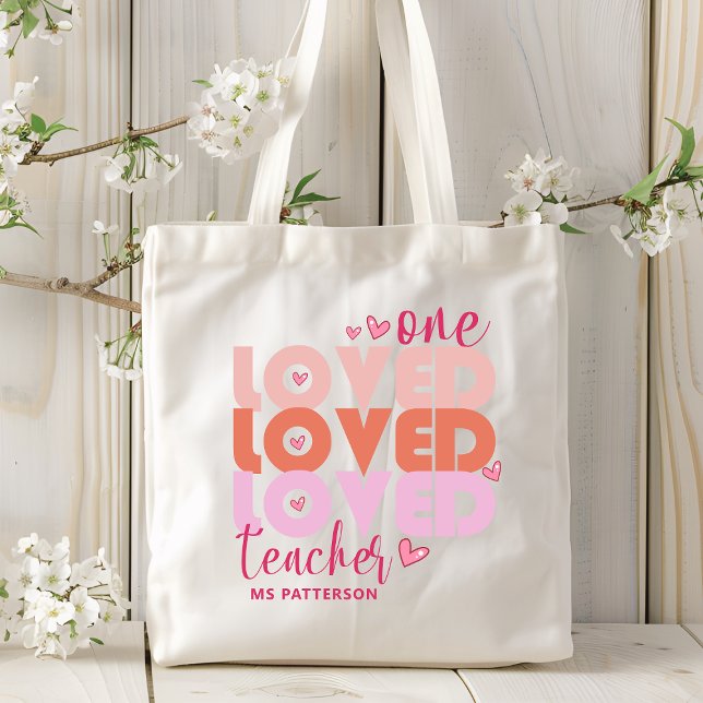 One Love Teacher Pink Modern Personalised Name Tote Bag (Creator Uploaded)