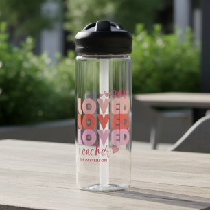 One Love Teacher Pink Modern Personalised Name Water Bottle