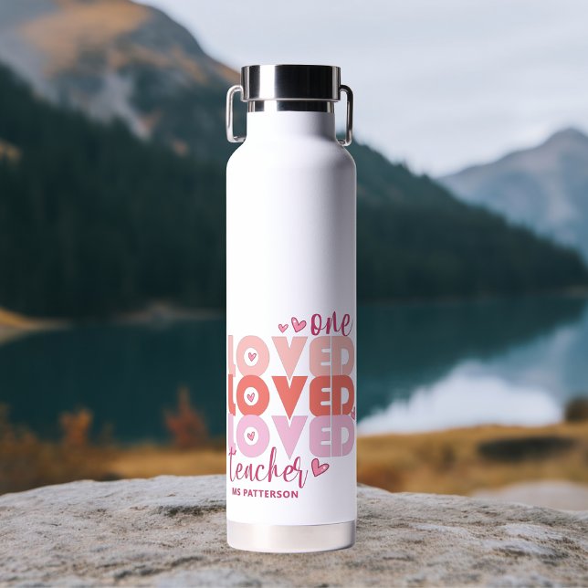 One Love Teacher Pink Modern Personalised Name Water Bottle (Creator Uploaded)