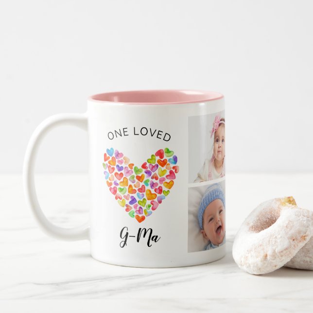 One Loved G-Ma Four Photo Collage  Two-Tone Coffee Mug (With Donut)