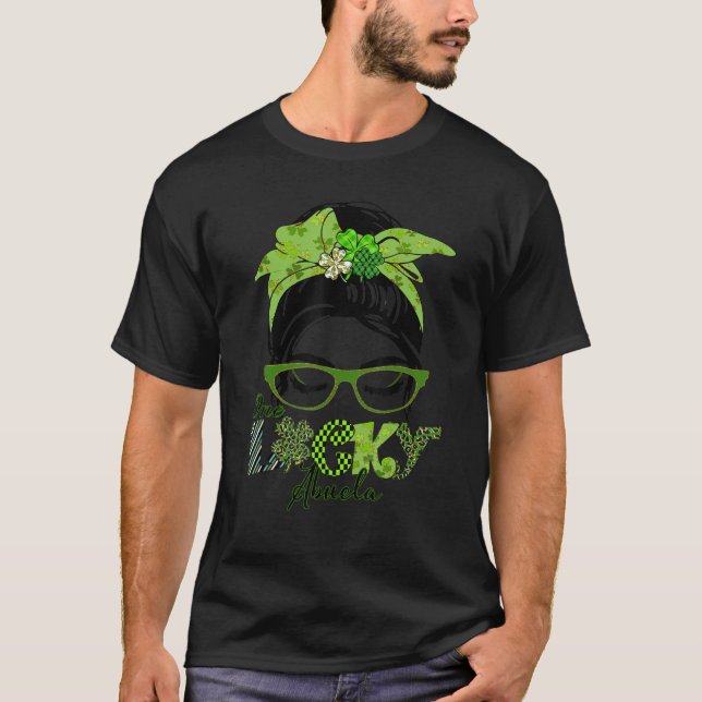 One Lucky Abuela Grandma Messy Bun Shamrock St Pat T-Shirt (Front)