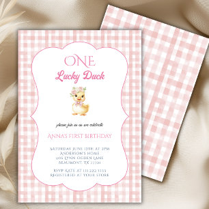 One Lucky Duck 1st Girl Pink Gingham Birthday  Invitation