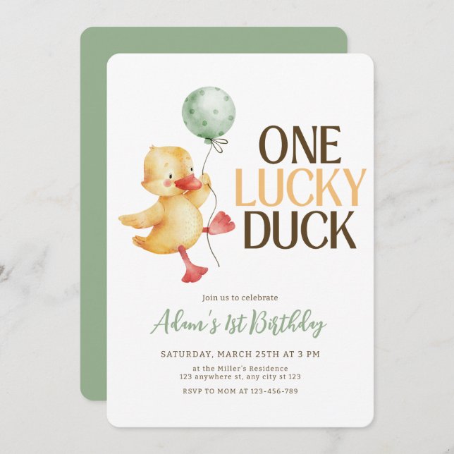 One Lucky Duck Birthday Invitation, Kids Birthday  Invitation (Front/Back)