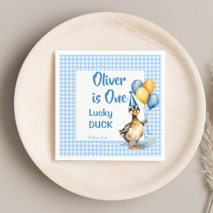 One lucky duck blue gingham birthday printed napkin