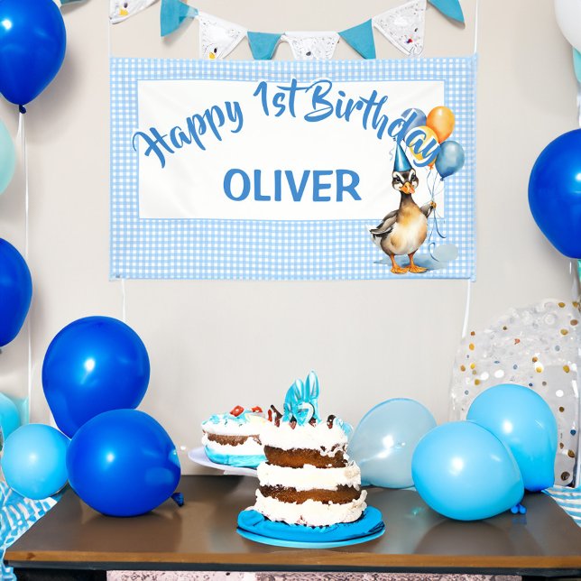 One lucky duck blue gingham happy birthday banner (One lucky duck blue gingham happy birthday banner boys 1st birthday party banner personalized decor)
