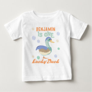 One Lucky Duck & Bubbles First Birthday Pastel Baby T-Shirt
