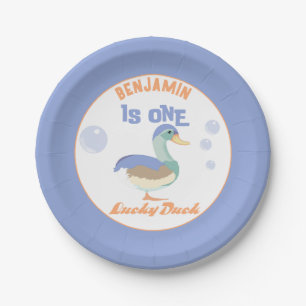 One Lucky Duck &  Bubbles First Birthday Pastel  Paper Plate
