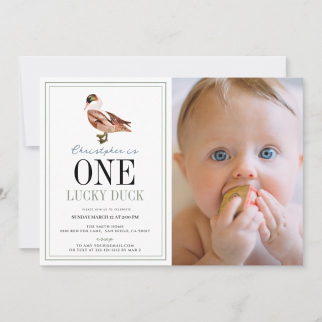 One Lucky Duck Classic Boy 1st Birthday Photo Invitation (Front)