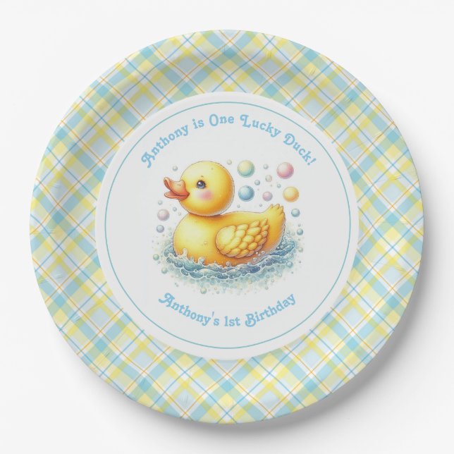 One Lucky Duck First Birthday Party Paper Plate (Front)