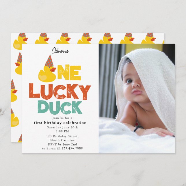 One Lucky Duck Invite 1st  First Birthday Photo (Front/Back)