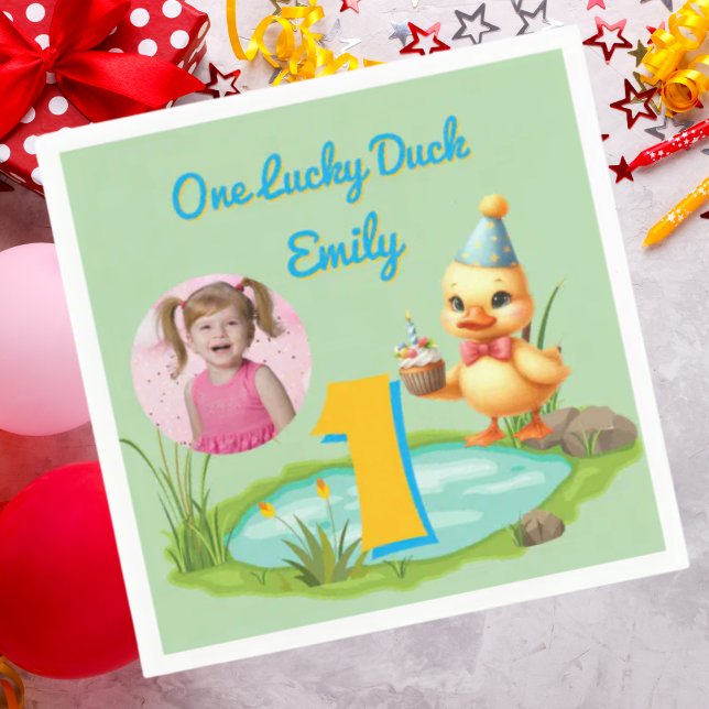 One Lucky Duck Kids 1st Birthday Photo Napkin (Creator Uploaded)