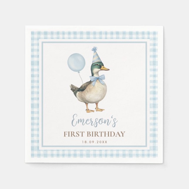 One Lucky Duck Pastel Blue Balloon Birthday Favour Napkin (Front)