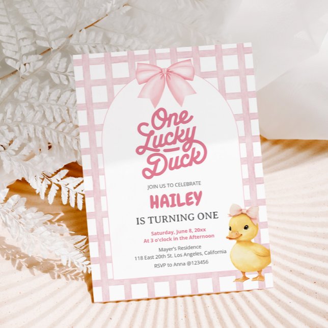 One Lucky Duck Pink First Birthday Invitation (One Lucky Duck Birthday Invitation)