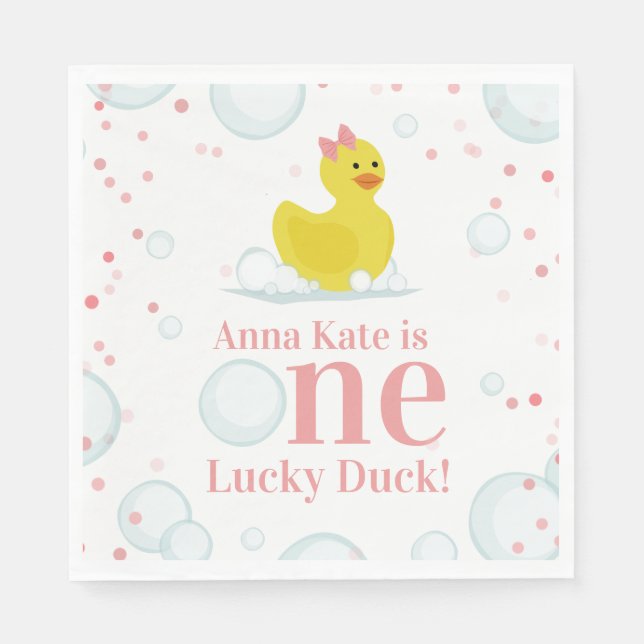 One Lucky Duck Pink First Birthday Party Napkin (Front)