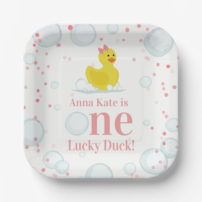 One Lucky Duck Pink First Birthday Party Paper Plate (Front)