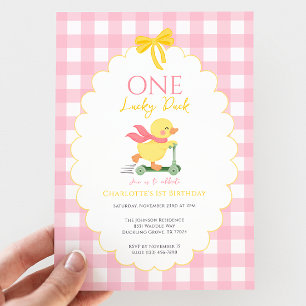 One Lucky Duck Pink Gingham Girl 1st birthday Invitation