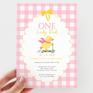 One Lucky Duck Pink Gingham Girl 1st birthday Invitation