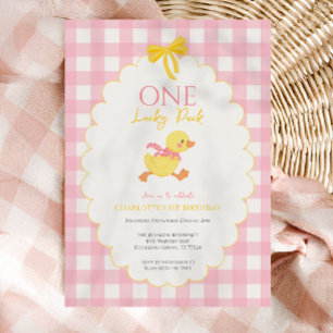 One Lucky Duck Pink Gingham Girl 1st birthday Invitation