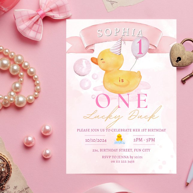 One Lucky Duck Pink Girl Rubber Duck 1st Birthday Invitation (One Lucky Duck Pink Rubber Duck 1st Birthday Invitation)