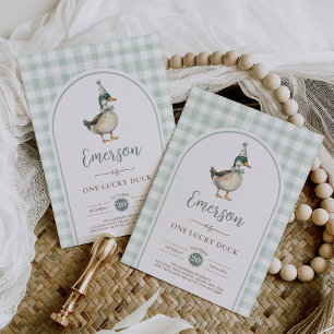 One Lucky Duck Sage Green Gingham 1st Birthday Invitation